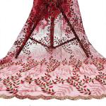 Mesh Polyester Floral Red Embroidered Tulle Lace Fabric 130cm