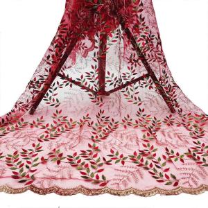 China Mesh Polyester Floral Red Embroidered Tulle Lace Fabric 130cm wholesale