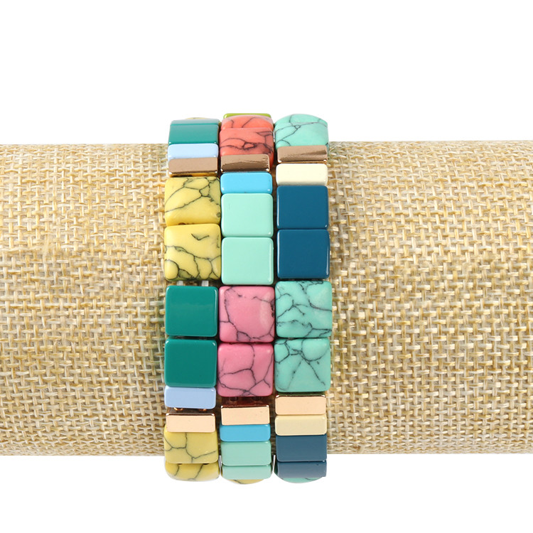 Square Shaped Enamel Tile Bead Bracelet Elastic Natural Stone Print Color