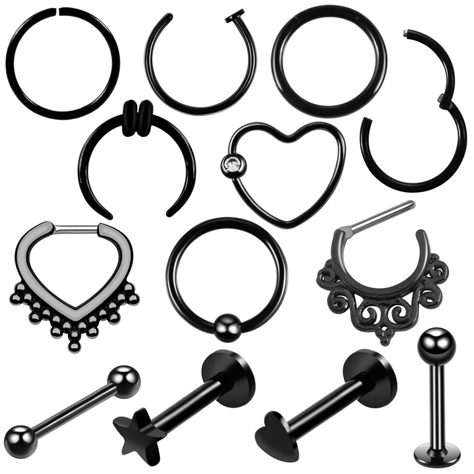 Steel Black Seamless Hinged Nose Hoop Septum Clicker Piercings Heart Star Lip Labret Ring Ear Cartilage Tragus Sexy Jewe
