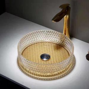 China 360mm Glass Vessel Basins Brush Gold Bottom Hotel Clear Glass Sink Bowl wholesale
