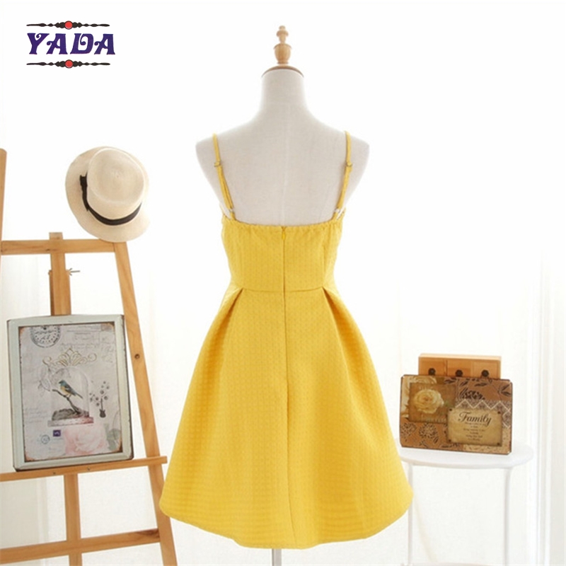 Korean style summer yellow spaghetti strap short umbrella ladies elegant dress cotton women dresses in cheap price