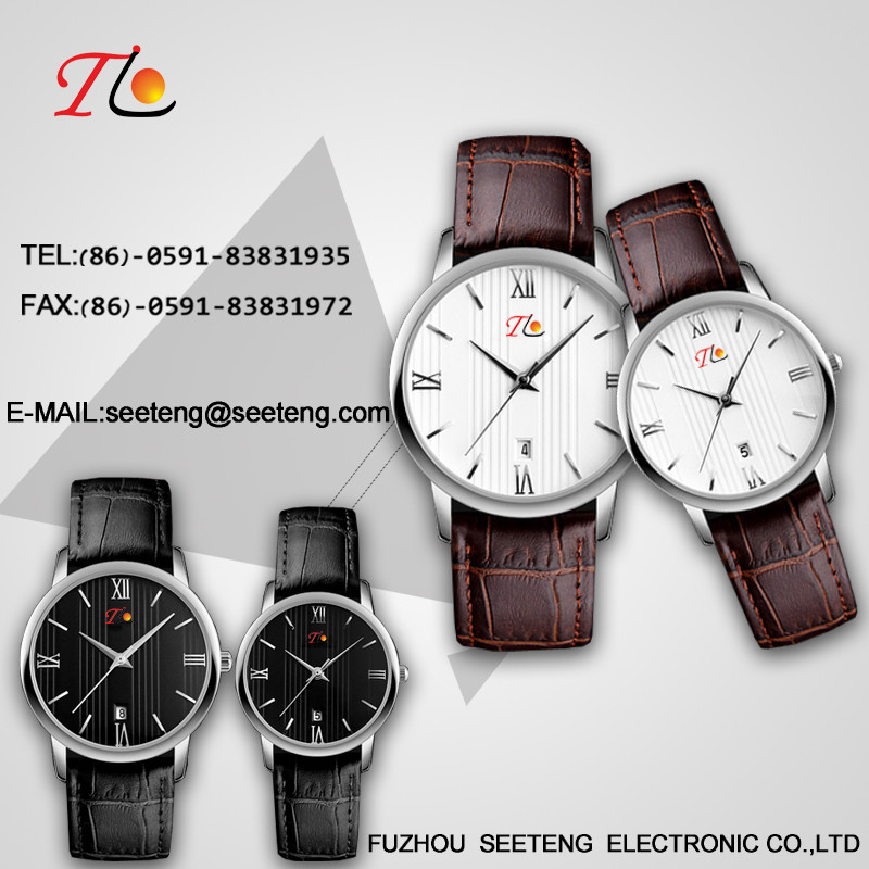 PU leather strap for couple watch with alloy case and color band dial customized