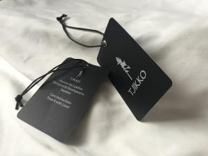China Both Side Silver Logo Art Paper Clothing Hang Tags With Black Waxed Cord wholesale