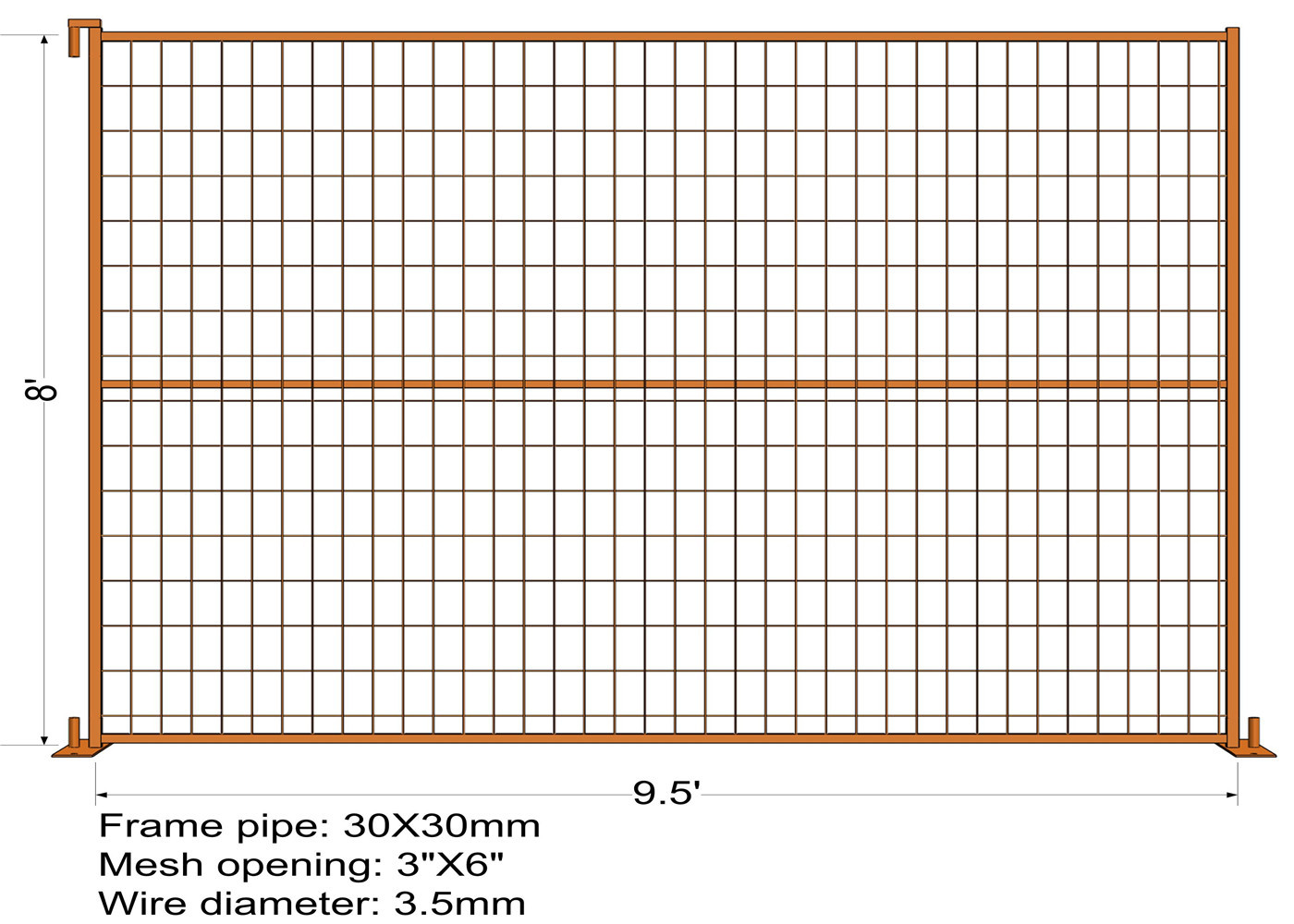 6FT X 9.5FT Powder COATED canada standard temporary fence panels mesh spacing 2"x8"x8ga diameter tubing 30mm RHS x 1.6mm
