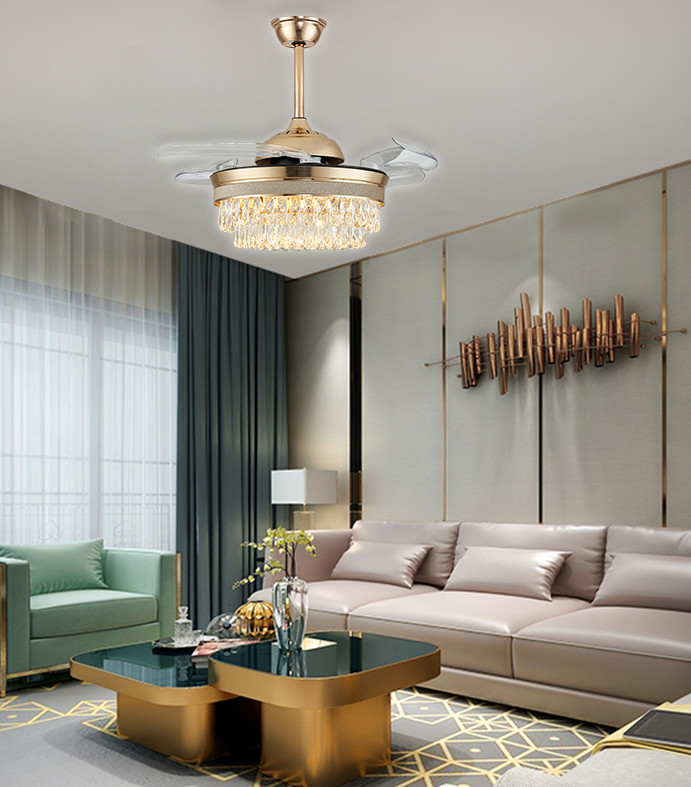52" Retractable Chandelier Folding Ceiling Fan With Light Gold