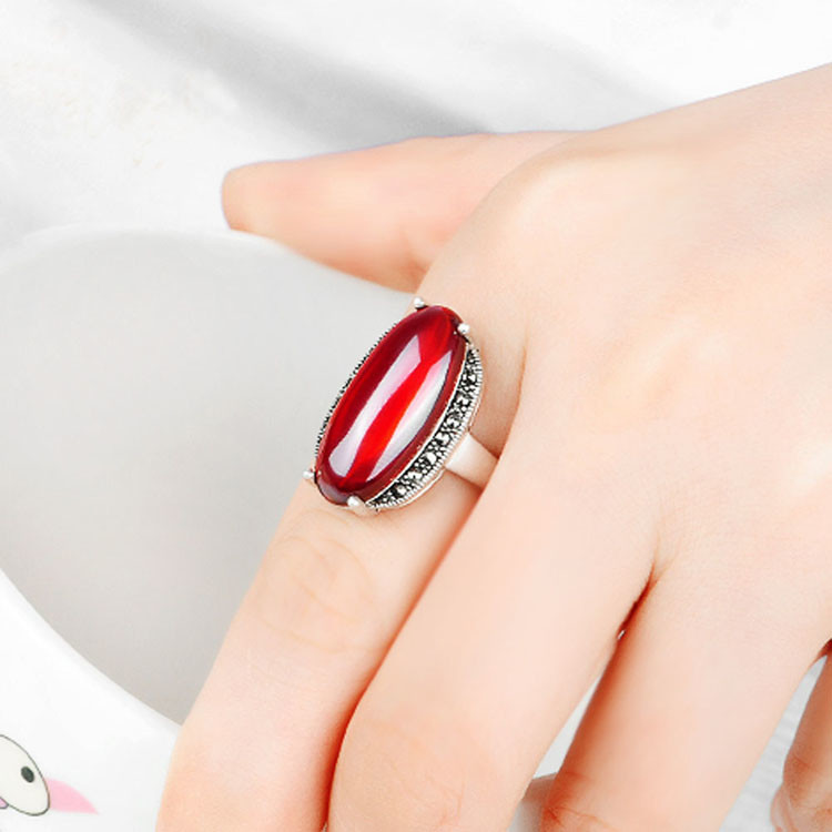 Thai Sterling Silver Oval Created Garnet Marcasite Ring (R121402)