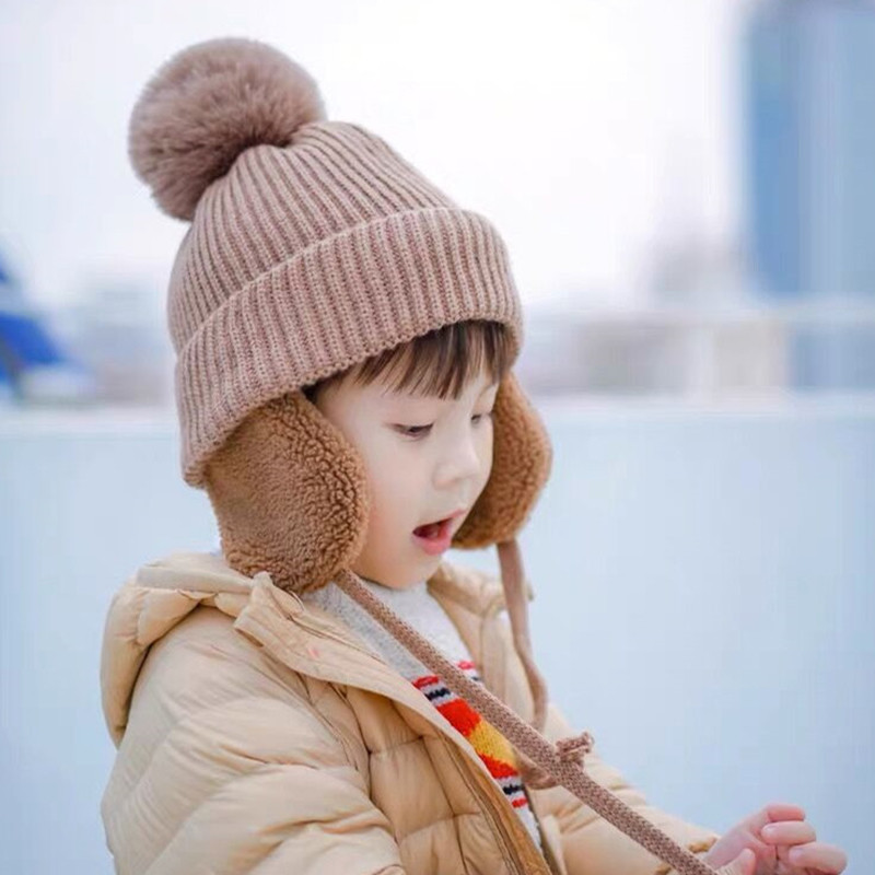 Multiple Colors Pom Acrylic Cotton thermal beanie hats Warm With Ear Cover
