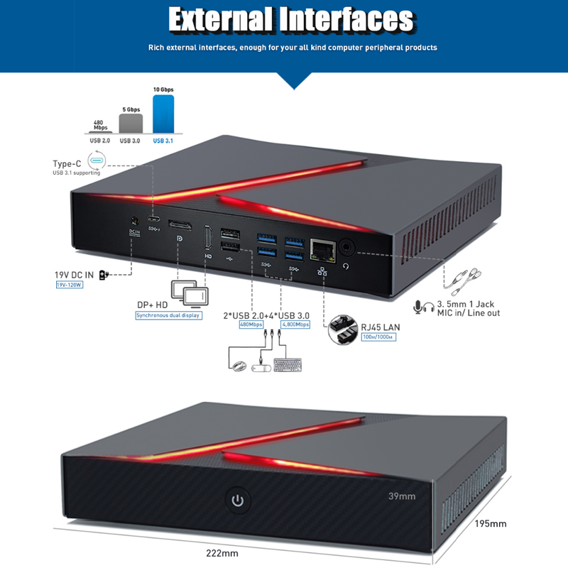 Dual HD Displays Portable Mini PC Computer I9 9880H Nvidia GTX1650 4GB Graphic Card