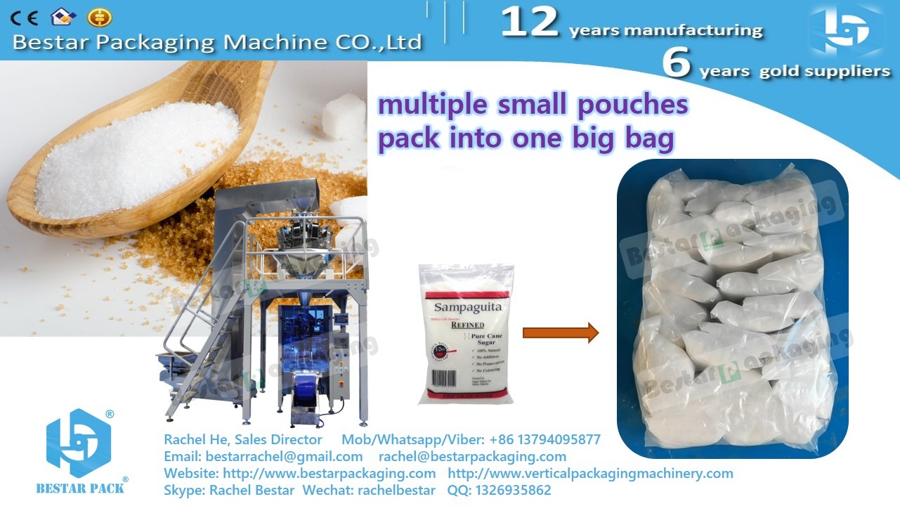Automatic packaging line for white sugar 30 small pouches counting and stacking in big pouch