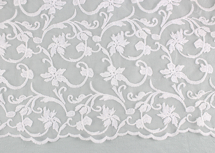 Floral Embroidered Mesh Lace Fabric , Scalloped Edge Wedding Dress Lace Tulle