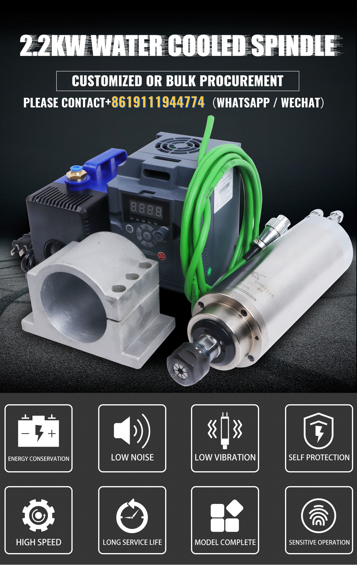 2.2KW ER20 24000RPM Water Cooled Spindle Motor Kit for CNC Router and Frequency 400Hz