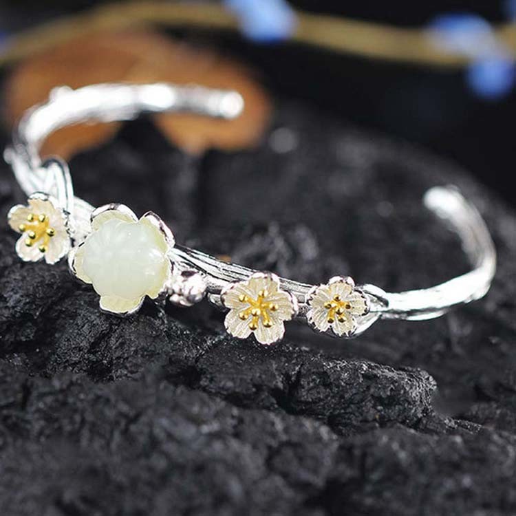 Sterling Silver Natural Jade Culptured Flower Gold Plated Women Bracelet(049924)