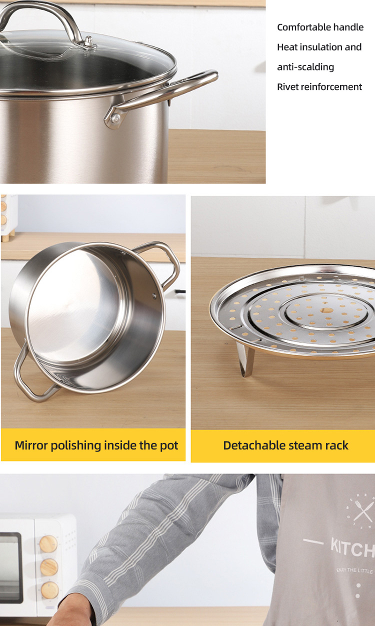 Kitchen Hot Fashion Silver Cooking Soup Pot 410 Stainless Steel Steamer Pot Induction Stock Pot With Glass Lid