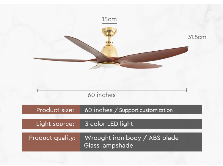 60 Inch/OEM DC pure copper Three Color LED Dimmable Hanging Ceiling Fan for Big Spaces