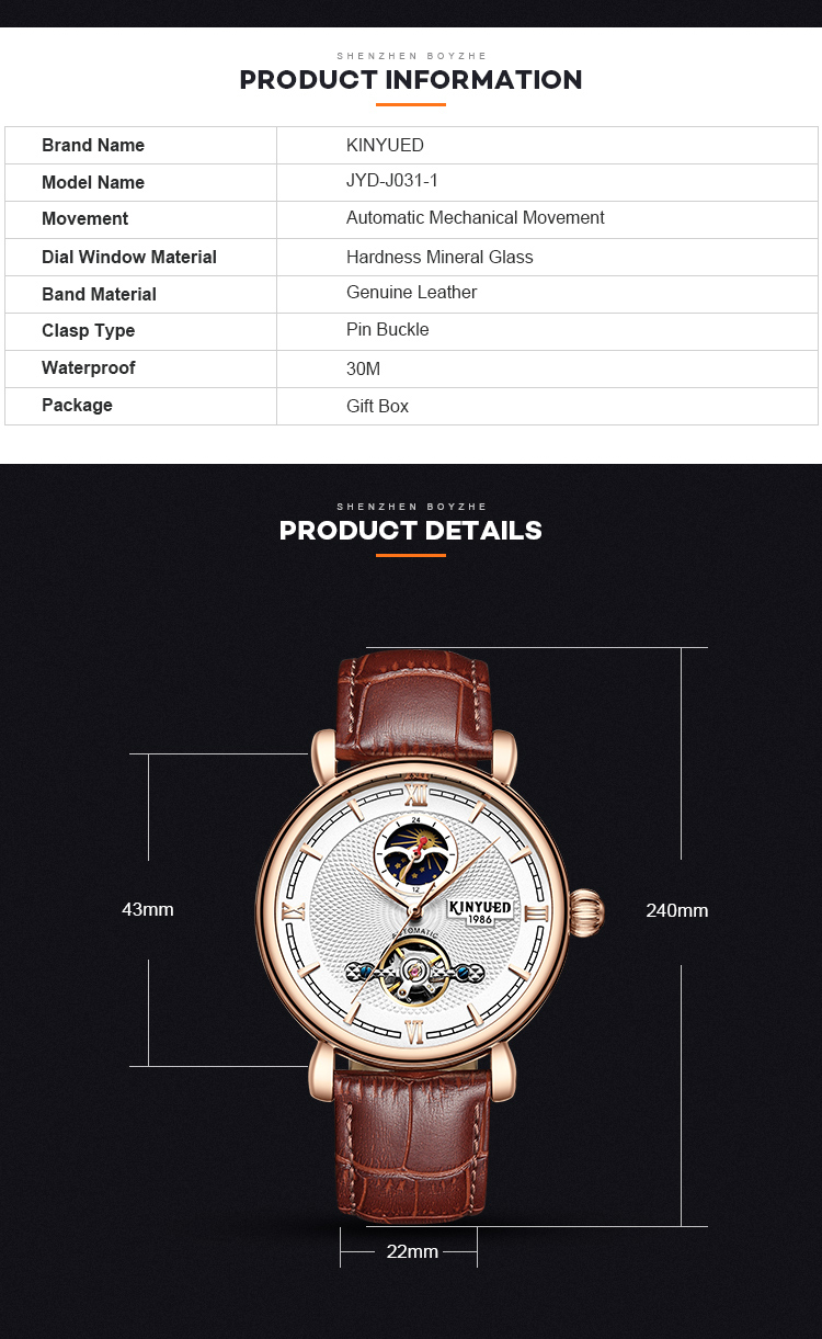 Luxury brand KINYUED water resistant watch tourbillon watch mechanical men's leather automatic