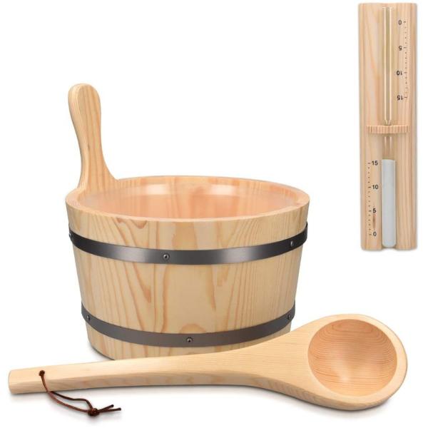 Traditional Sauna Wooden Bucket With Pocket Spa Essential Accessory For Steam Bath Pine Wood Bucket Liner Pocket Plastic Sand Timer