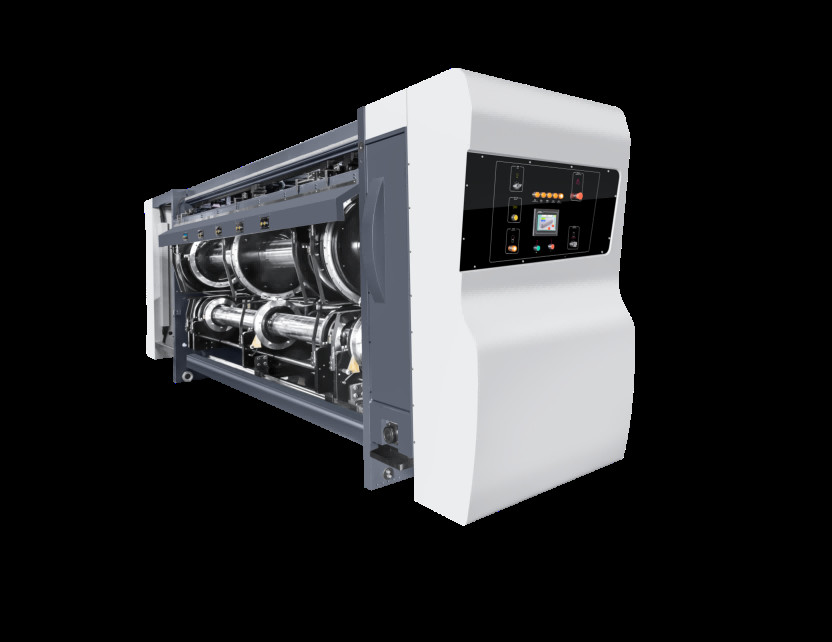 White Color G6-0920 All Computer Controled Pressure Free Feed Structure Lead Edge Vacuum Transfer 4 Color Printer + Slotter + Die Cutter + Vibrator +