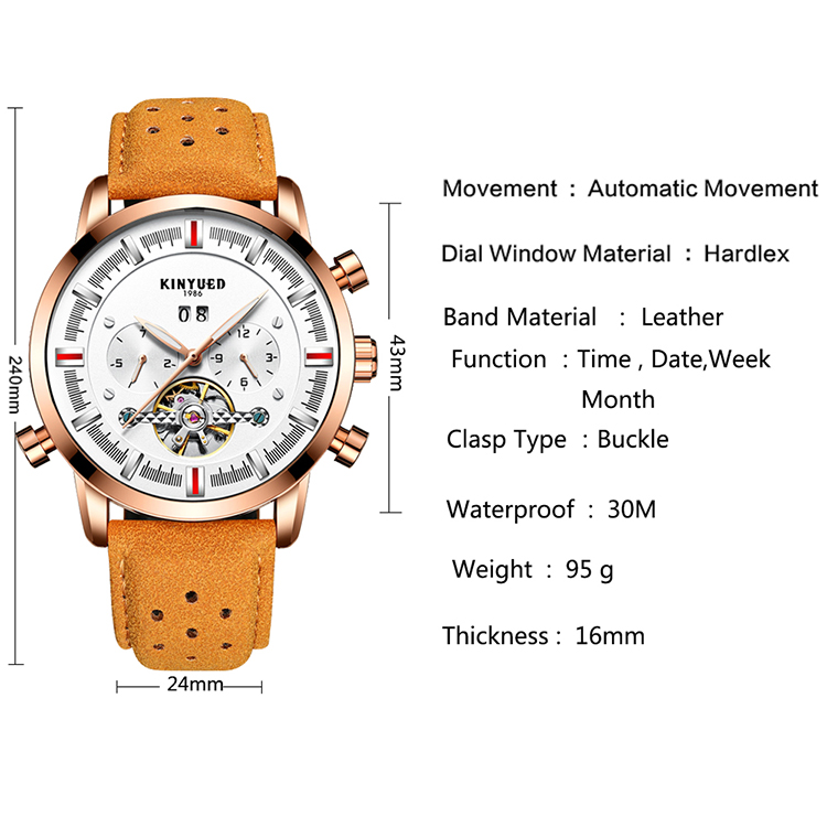 KINYUED J019-7 Men's Automatic Tourbillon Hollow Bottom Mechanical High-end Business Watch