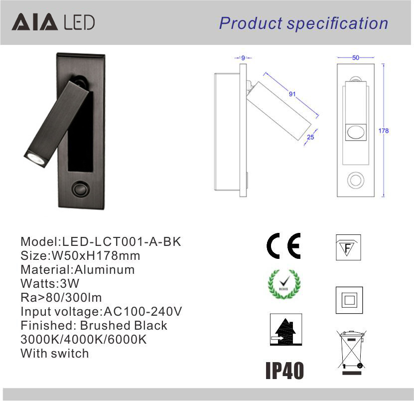 Recessed mounted bedside reading light led reading wall light 3W rotate bedroom headboard wall light for hotel