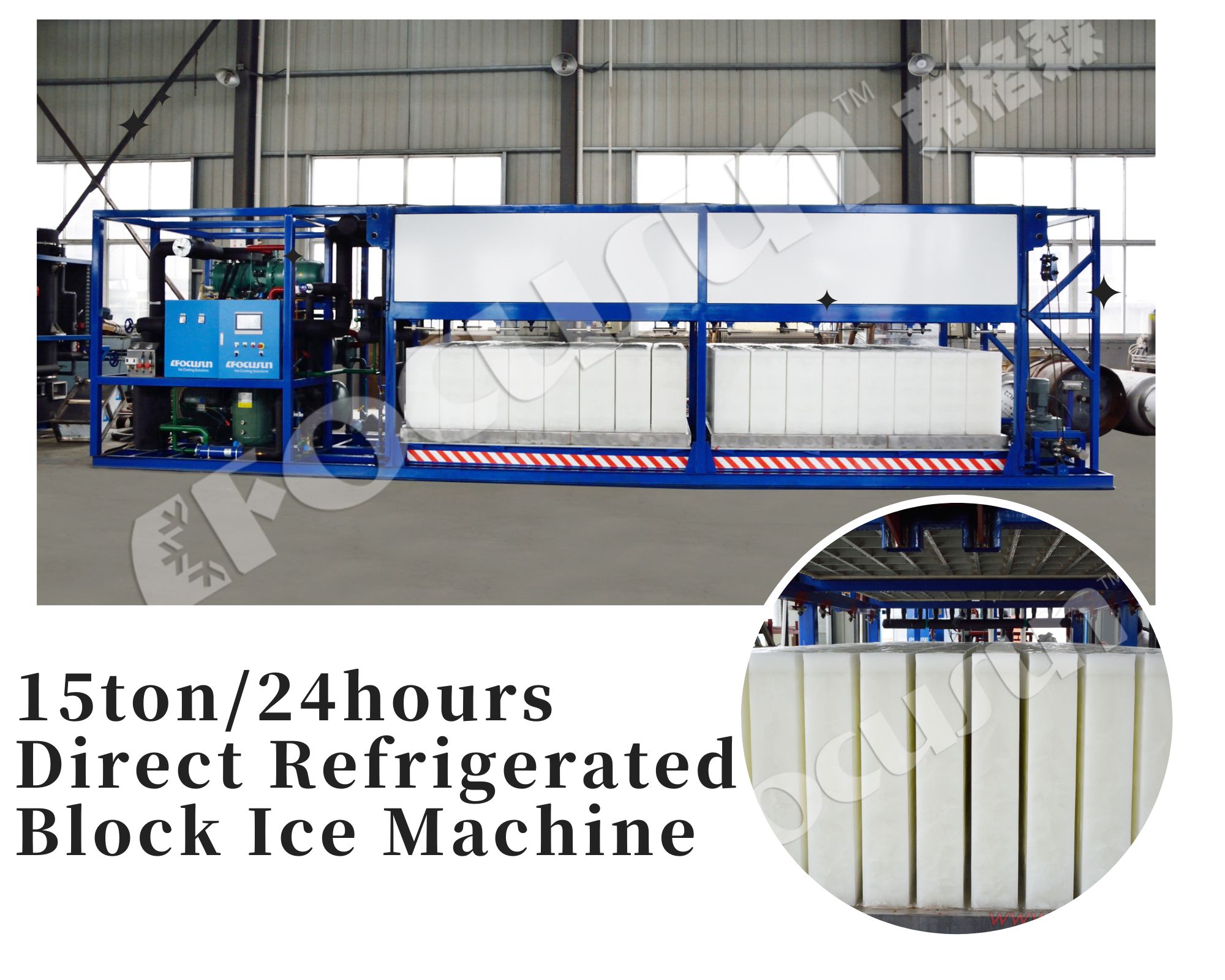 15T/24H Large Industrial Direct Cooling Block Ice Machine with 25kg/50kg Ice Weight