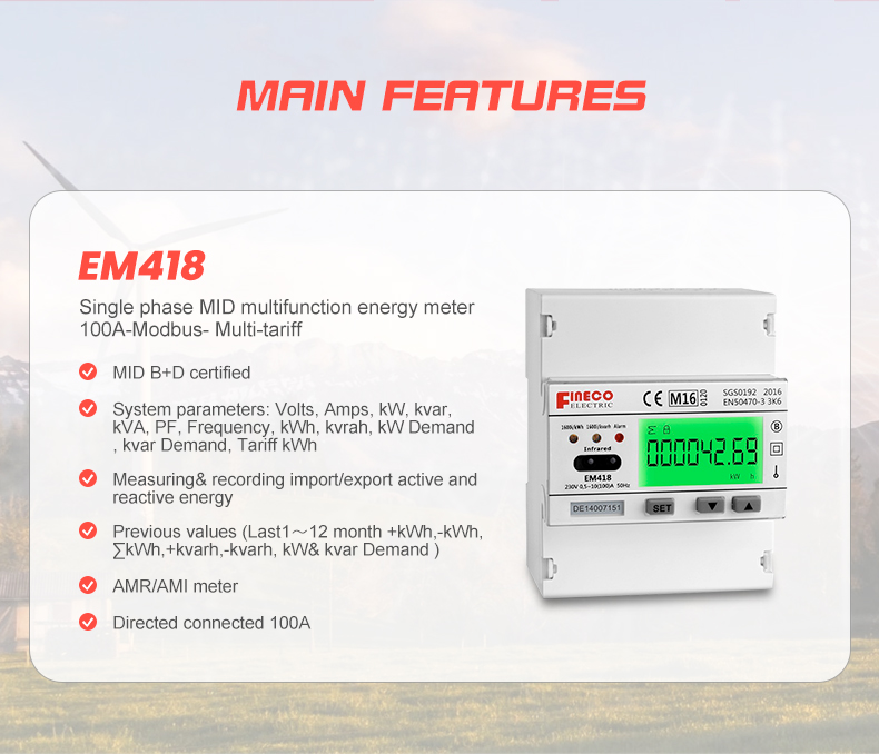 Modbus RTU/M-bus Communication EM418 230V 10 100 A MID Approved Dual Tariff Energy Meter