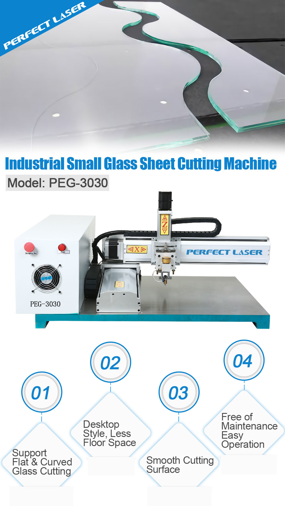 Industrial Small CNC Glass Sheet Cutting Machine 300mm×300mm For Curved Glass