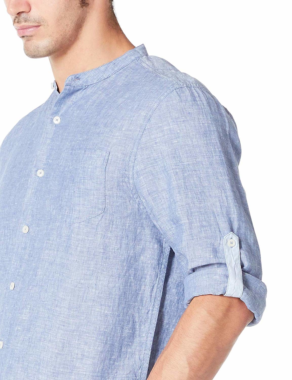 Xxxl Breathable Pure Linen Mens Long Sleeve Shirts Rolled Up With Band Collar