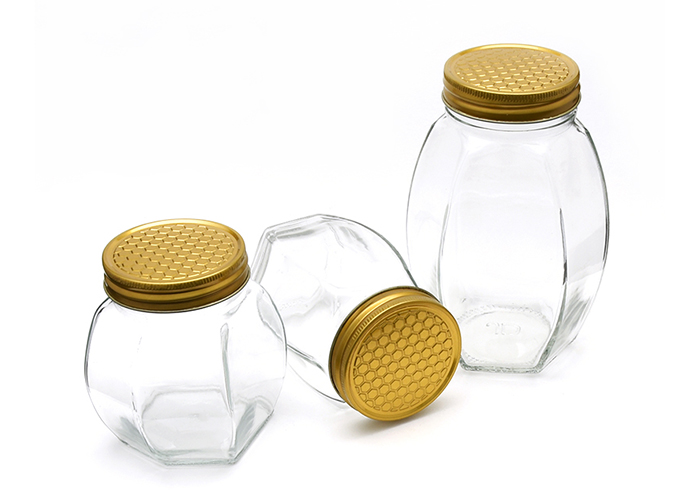Glass Jam Bottle Hexagon Glass Honey Jars With Twist Off Golden Lid