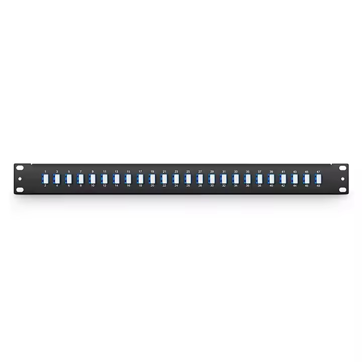 FHU 1U 19'' Fiber Adapter Panel, 48 Fibers OS2 Single Mode, 24 x LC UPC Duplex (Blue)