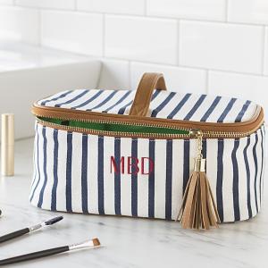 China Personalized White and Navy Blue Stripe Train Case Cosmetic Bag wholesale