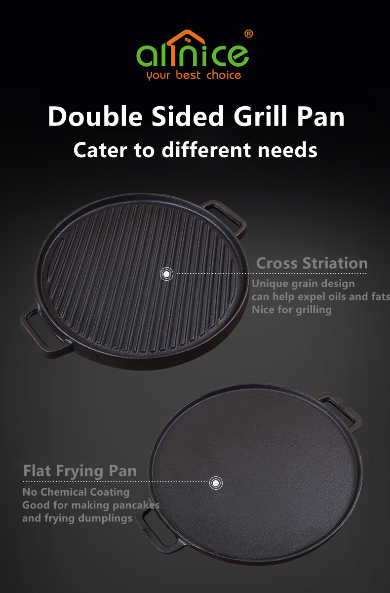 Cast Iron Flat Fry Stovetop Grill Pan Reversible Roasting Non Stick BBQ Grill Griddle Pan