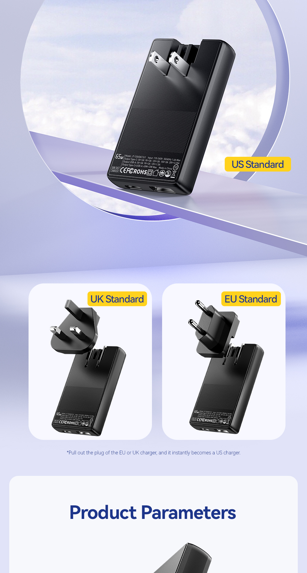 ESSAGER JT-CG65AC1U1 Series Ultra Thin 65W Max Portable USB A Type C Charger