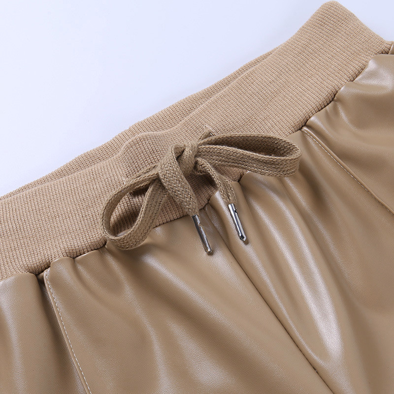 Slim Women's High Waisted Leather Pants Temperament Ribbing Splicing