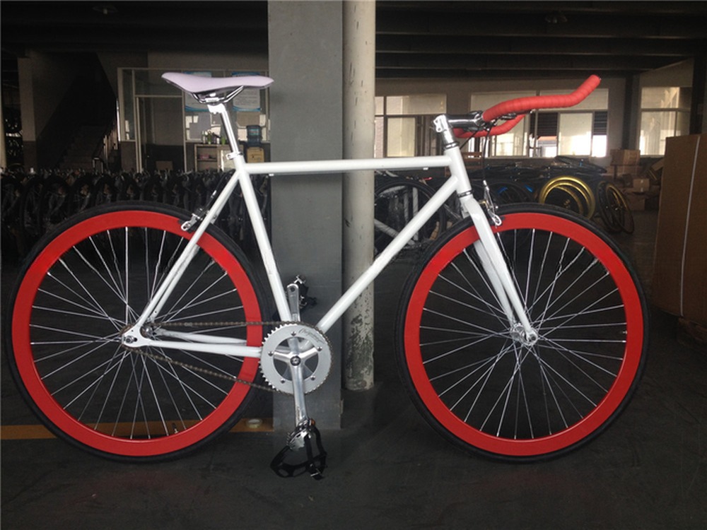 58cm 60cm White Frame Red Rim 700c Single Speed Fixie Fixed Gear Bike Double V Brake