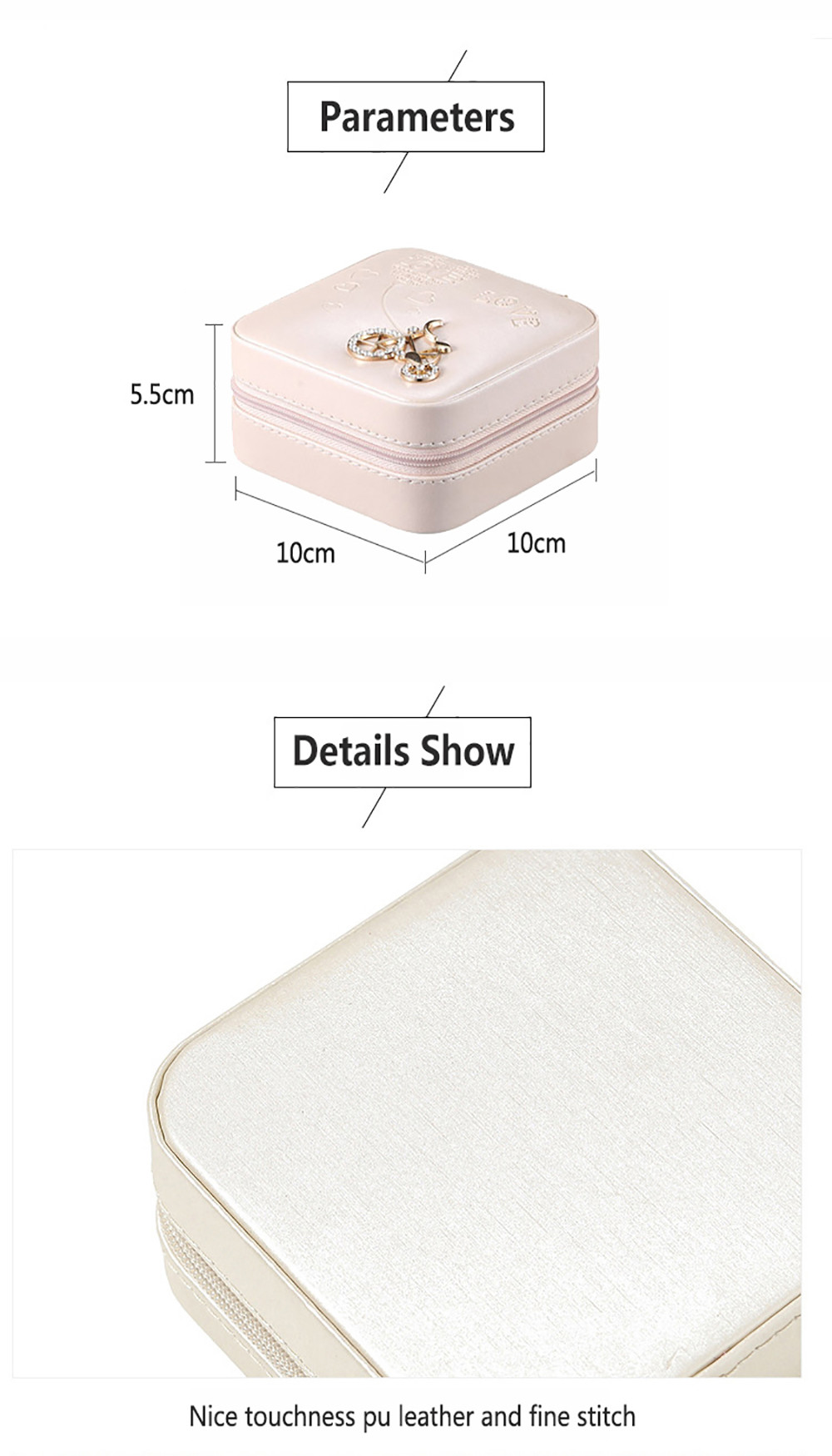 Mirrored Pu Leather Portable Travel Jewelry Case With Zipper Closure