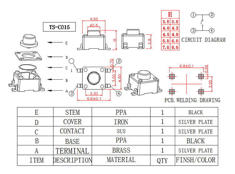 SMD Terminal Type Low Profile Tactile Switch , Surface Mount Push Button