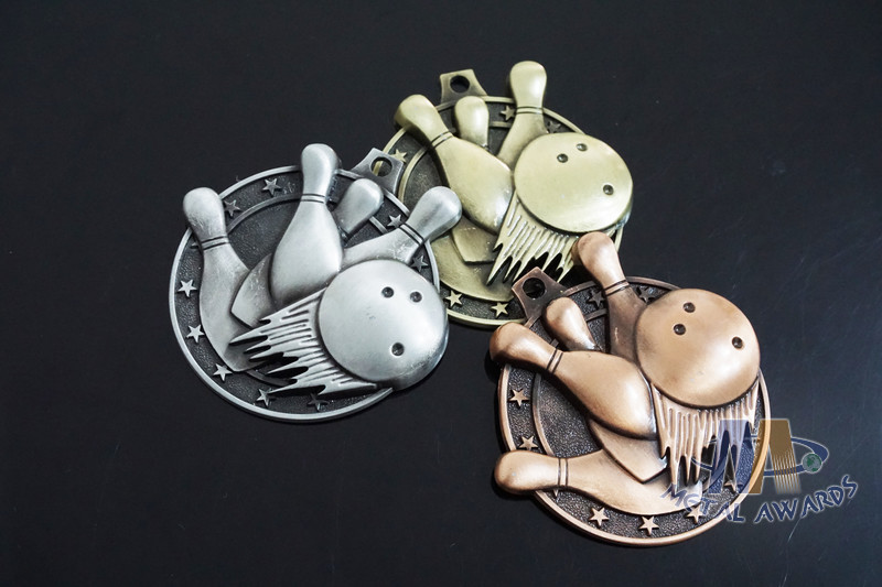 Metal Zinc Alloy Custom Bowling Sports School Engraved Medals With 2D Or 3D Type, Lanyard Or Ribbon