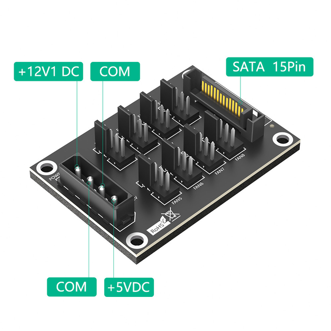 4-Pin or SATA 15-Pin to 8x 4-Pin Fan Splitter Hub for Sata 3.0 and Molex 4pin Interface