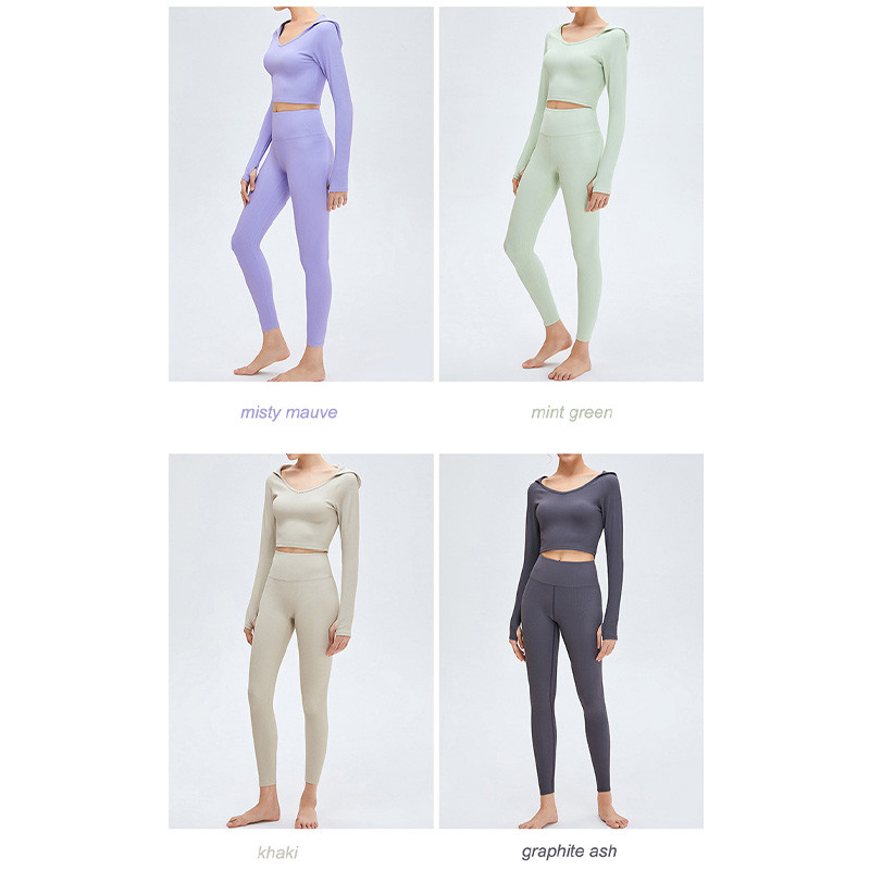 High Waist Ribbed Yoga Clothes Women Long Sleeve Hooded Crop Top Set
