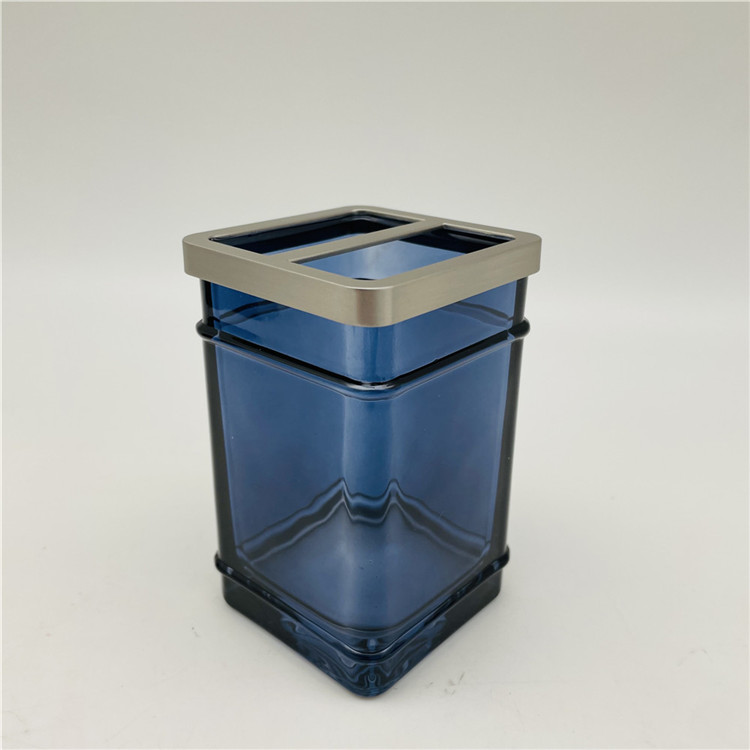 Vintage Ocean Blue Glass Bathroom Accessories Square Shape With Metal Parts