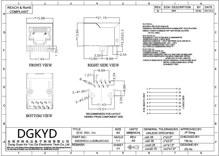 DGKYD59211118GWA1DY1022 Shielded Modular 8pin Female RJ45 Ethernet Connector Without LED