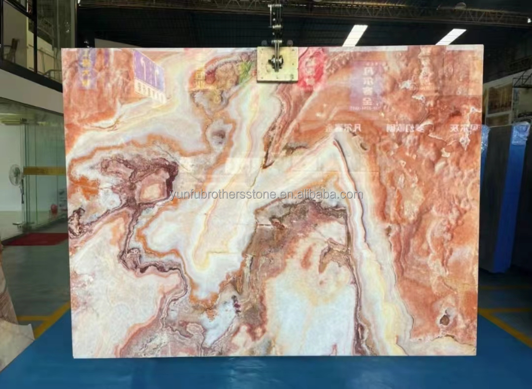 Backlit Red Onyx Marble Stone Book Matched Slab for Transparent Marble Table Pattern