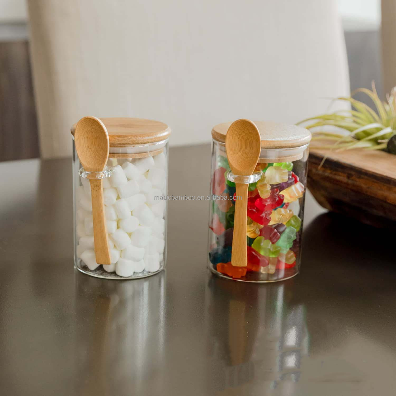 Convenient Storage Set of 3 Airtight Glass Jars with Bamboo Lids and Spoons