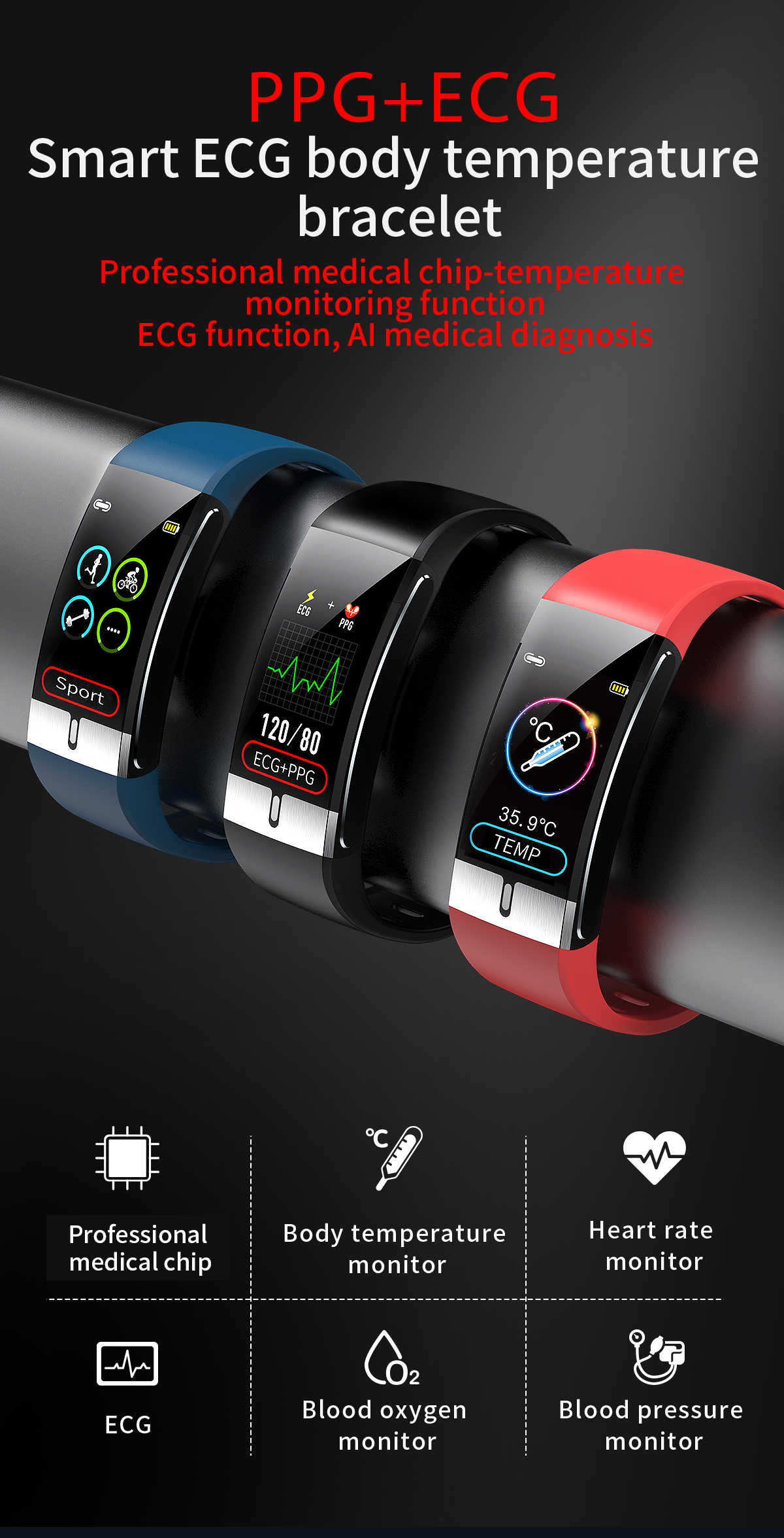 IP68 E80 Temperature Monitoring Smart Watch 24G Health Bracelet Waterproof