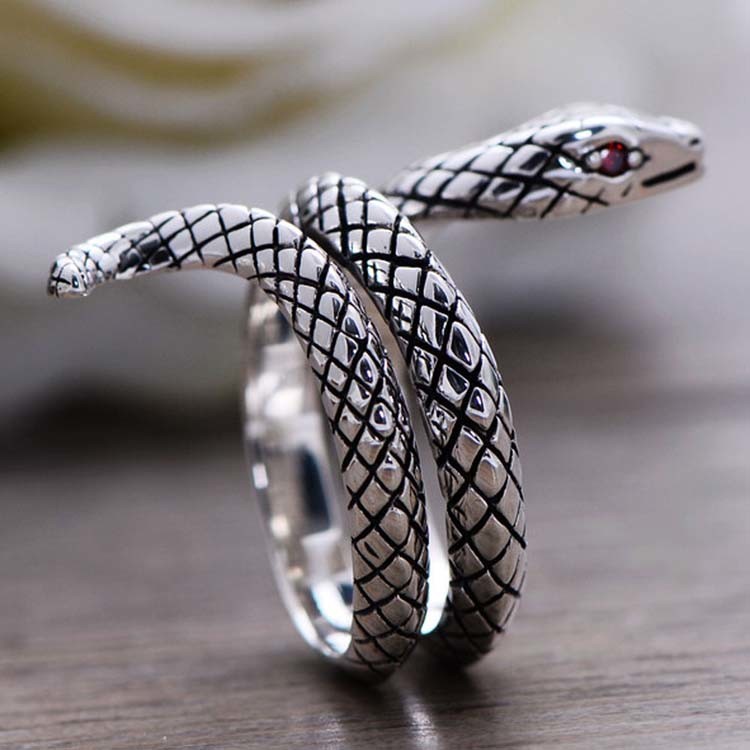Snake Style Simulated Garnet Eyes Scale Serpent Ring 925 Sterling Silver Band Ring(057738)