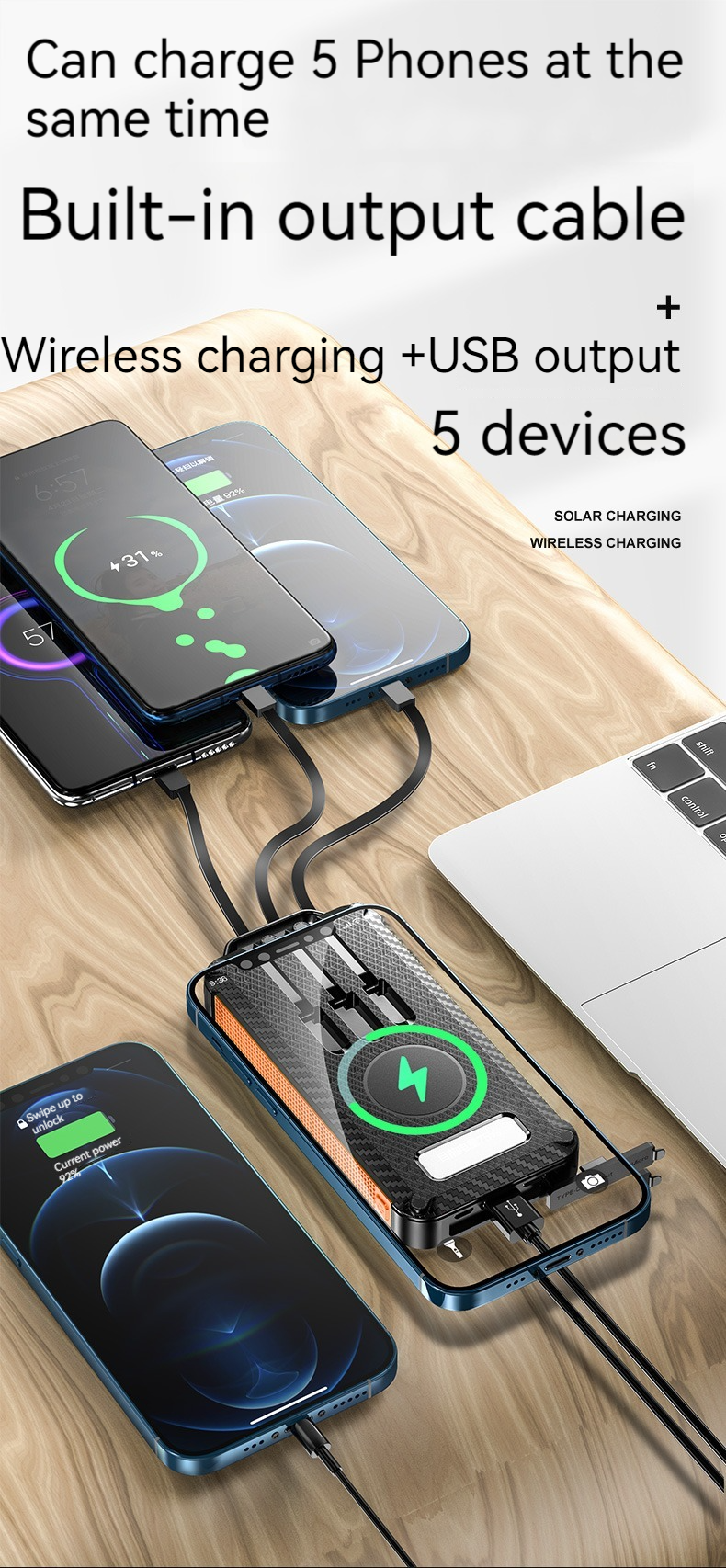 Li-Polymer Battery Solar Power Bank 10000mAh for iPhone 15 Wireless Charging and Outdoor