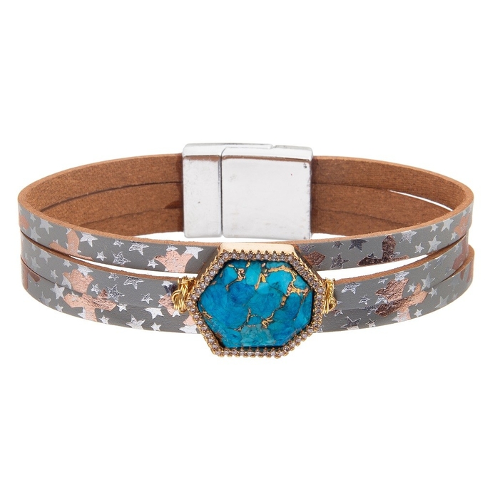 Bohemian Style Magnetic Buckle Leather Bracelet Set With Zircon Drop Shaped Turquoise