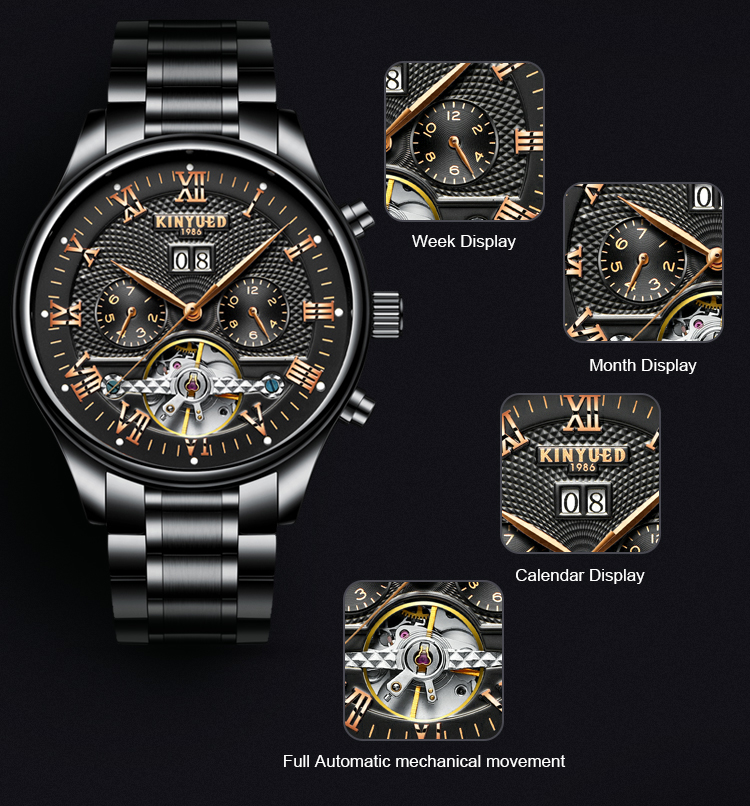 Fashion Stainless Steel Tourbillon Movement Mens Watch Waterproof KINYUED Automatic Mechanical Watches
