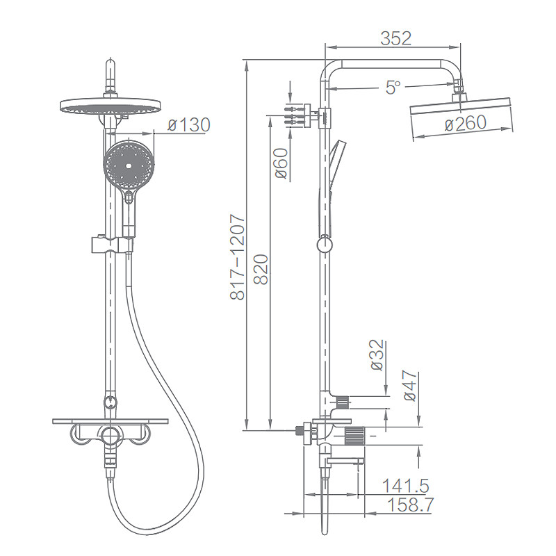 Bathroom Brass Rainfall Shower System Modern 3 Function Hand